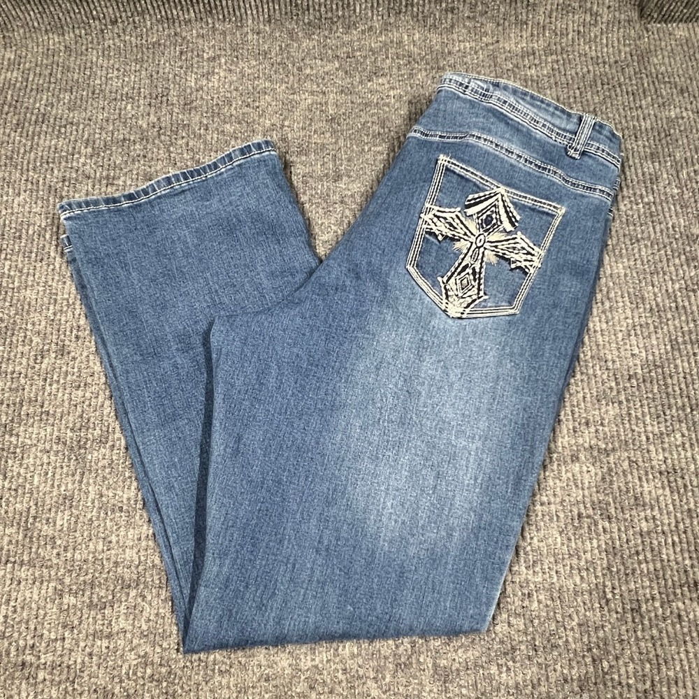 Elite Bootcut Denim Jeans Womens 19/20 Blue Distressed Stretch Pant Embroidered